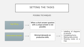 SETTING THE TASKS
POSSIBLE TECHNIQUES
Gap filling
Information transfer
• Labelling of diagrams
or pictures
• Completing forms
• Making diary entries
• Showing routes on a
map
When a short answer question
with a unique answer is not
possible.
Minimal demands on
productive skills.
 