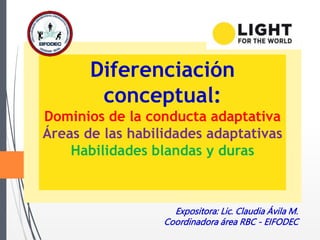 Expositora: Lic. Claudia Ávila M.
Coordinadora área RBC - EIFODEC
Diferenciación
conceptual:
Dominios de la conducta adaptativa
Áreas de las habilidades adaptativas
Habilidades blandas y duras
 