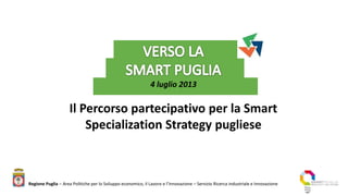 4 luglio 2013
Il Percorso partecipativo per la Smart
Specialization Strategy pugliese
Regione Puglia – Area Politiche per lo Sviluppo economico, il Lavoro e l’Innovazione – Servizio Ricerca industriale e Innovazione
 