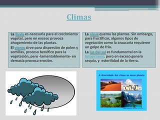 Climas
La lluvia es necesaria para el crecimiento   La nieve quema las plantas. Sin embargo,
vegetal, pero en exceso provoca              para fructificar, algunos tipos de
ahogamiento de las plantas.                  vegetación como la araucaria requieren
El viento sirve para dispersión de polen y   un golpe de frío.
semillas, proceso benéfico para la           La luz del sol es fundamental en la
vegetación, pero -lamentablemente- en        fotosíntesis. pero en exceso genera
demasía provoca erosión.                     sequía, y esterilidad de la tierra.
 
