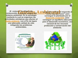 Gestión Ambiental
      Al conjunto de diligencias
 conducentes al manejo integral del
 sistema ambiental. Es la estrategia
                                        La gestión ambiental responde al
                                           "cómo hay que hacer" para
                                          conseguir lo planteado por el
  mediante la cual se organizan las         desarrollo sostenible, para
actividades antrópicas que afectan al   conseguir un equilibrio adecuado
 medio ambiente, con el fin de lograr   para el desarrollo económico, uso
    una adecuada calidad de vida,            racional de los recursos
       mitigando los problemas            protección y conservación del
             ambientales.                           ambiente.
 