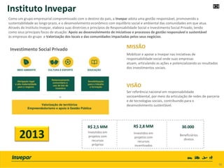 MISSÃO
Mobilizar e apoiar a Invepar nas iniciativas de
responsabilidade social onde suas empresas
atuam, articulando as ações e potencializando os resultados
dos investimentos sociais.
VISÃO
Ser referência nacional em responsabilidade
socioambiental, por meio da articulação de redes de parceria
e de tecnologias sociais, contribuindo para o
desenvolvimento sustentável.
2013 Beneficiários
diretos
R$ 2,5 MM R$ 2,8 MM 30.000
Investidos em
projetos com
recursos
próprios
Investidos em
projetos com
recursos
incentivados
Instituto Invepar
Como um grupo empresarial compromissado com o destino do país, a Invepar adota uma gestão responsável, promovendo a
sustentabilidade ao longo prazo, e o desenvolvimento econômico com equilíbrio social e ambiental das comunidades em que atua.
Através do Instituto Invepar, elabora suas diretrizes e princípios de Responsabilidade Social e Investimento Social Privado, tendo
como seus principais focos de atuação: Apoio ao desenvolvimento de iniciativas e processos de gestão responsável e sustentável
às empresas do grupo e Valorização dos locais e das comunidades impactadas pelos seus negócios.
Investimento Social Privado
12 12
 