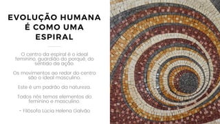 21
EVOLUÇÃO HUMANA
É COMO UMA
ESPIRAL
O centro da espiral é o ideal
feminino, guardião do porquê, do
sentido da ação.
Os movimentos ao redor do centro
são o ideal masculino.
Este é um padrão da natureza.
Todos nós temos elementos do
feminino e masculino.
- Filósofa Lúcia Helena Galvão
 