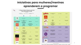 4
Iniciativas para mulheres/meninas
aprenderem a programar
Fonte: http://learntocodewith.me/posts/13-places-women-learn-code/
 