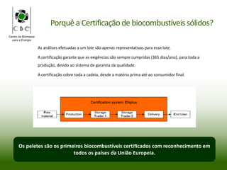 Centro da Biomassa
para a Energia
As análises efetuadas a um lote são apenas representativas para esse lote.
A certificação garante que as exigências são sempre cumpridas (365 dias/ano), para toda a
produção, devido ao sistema de garantia da qualidade.
A certificação cobre toda a cadeia, desde a matéria prima até ao consumidor final.
Os peletes são os primeiros biocombustíveis certificados com reconhecimento em
todos os países da União Europeia.
Porquê a Certificaçãode biocombustíveis sólidos?
 