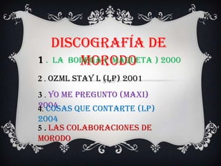 Discografía de
         Morodo
1 . La bodega ( maqueta ) 2000
2 . OZML Stay l (LP) 2001
3 . Yo Me Pregunto (Maxi)
2004
4. Cosas Que Contarte (LP)
2004
5 . Las colaboraciones de
Morodo
 