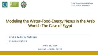 Modeling the Water-Food-Energy Nexus in the Arab
World : The Case of Egypt
RIVER BASIN MODELING
CLAUDIA RINGLER
APRIL 18, 2016
CONRAD - CAIRO, EGYPT
[PLEASE ADD ORGANIZATION
LOGO HERE IF AVAILABLE]
 