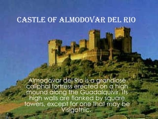 Almodovar del Rio is a grandiose caliphal fortress erected on a high mound along the Guadalquivir. Its high walls are flanked by square towers, except for one that may be Visigothic.  Castle of Almodovar del Rio   
