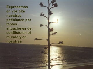 Expresamos
en voz alta
nuestras
peticiones por
tantas
situaciones de
conflicto en el
mundo y en
nosotras




                  22
 