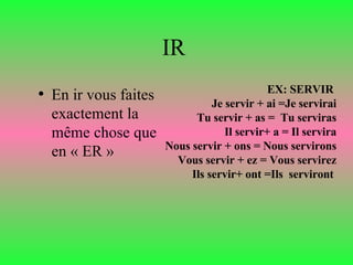IR  En ir vous faites exactement la même chose que en « ER » EX: SERVIR  Je servir + ai =Je servirai Tu servir + as =  Tu serviras Il servir+ a = Il servira Nous servir + ons = Nous servirons Vous servir + ez = Vous servirez Ils servir+ ont =Ils  serviront   
