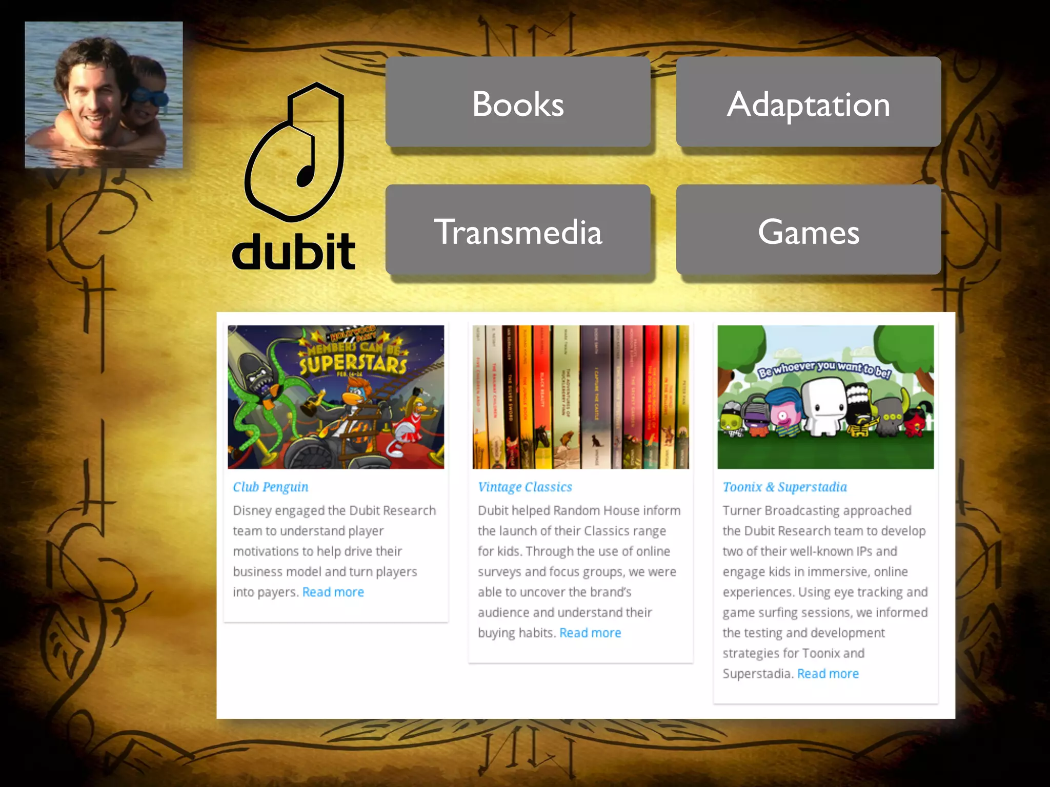 Transmedia	

 Games	

Books	

 Adaptation	

 