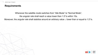 !12 Hybrid Logic of Signals
Requirements
Whenever the satellite mode switches from “Idle Mode” to “Normal Mode”,
the angular rate shall reach a value lower than 1.5°/s within 10s.
Moreover, the angular rate shall stabilize around an arbitrary value c lower than or equal to 1.5°/s.
 