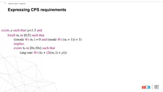 exists 𝜌 such that (𝜌<1.5 and
forall σ0 in [0;5] such that
((mode @i σ0 ) = 0 and (mode @i (σ0 + 1)) = 3)
implies
exists τ0 in [0s;10s] such that
(ang-rate @t (τ0 + i2t(σ0 )) < 𝜌)))
!16 Hybrid Logic of Signals
Expressing CPS requirements
 