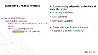 !22 Hybrid Logic of Signals
Expressing CPS requirements
exists 𝜌 such that (𝜌<1.5 and
forall σ0 in [0;5] such that
((mode @i σ0 ) = 0 and (mode @i (σ0 + 1)) = 3)
implies
exists τ0 in [0s;10s] such that
(ang-rate @t (τ0 + i2t(σ0 )) < 𝜌)))
HLS allows using existential and universal
quantifiers with
• timestamp variables
• index variables
• real-valued variables
HLS supports specifications that use
• a signal at a certain timestamp
 
