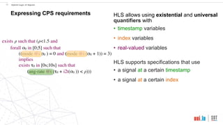!23 Hybrid Logic of Signals
Expressing CPS requirements
exists 𝜌 such that (𝜌<1.5 and
forall σ0 in [0;5] such that
((mode @i σ0 ) = 0 and (mode @i (σ0 + 1)) = 3)
implies
exists τ0 in [0s;10s] such that
(ang-rate @t (τ0 + i2t(σ0 )) < 𝜌)))
HLS allows using existential and universal
quantifiers with
• timestamp variables
• index variables
• real-valued variables
HLS supports specifications that use
• a signal at a certain timestamp
• a signal at a certain index
 