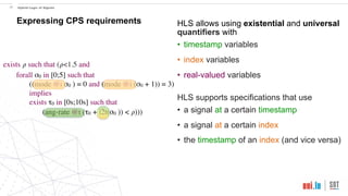 !24 Hybrid Logic of Signals
Expressing CPS requirements
exists 𝜌 such that (𝜌<1.5 and
forall σ0 in [0;5] such that
((mode @i σ0 ) = 0 and (mode @i (σ0 + 1)) = 3)
implies
exists τ0 in [0s;10s] such that
(ang-rate @t (τ0 + i2t(σ0 )) < 𝜌)))
HLS allows using existential and universal
quantifiers with
• timestamp variables
• index variables
• real-valued variables
HLS supports specifications that use
• a signal at a certain timestamp
• a signal at a certain index
• the timestamp of an index (and vice versa)
 