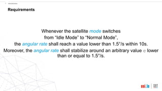 !5 Introduction
Requirements
Whenever the satellite mode switches
from “Idle Mode” to “Normal Mode”,
the angular rate shall reach a value lower than 1.5°/s within 10s.
Moreover, the angular rate shall stabilize around an arbitrary value c lower
than or equal to 1.5°/s.
 
