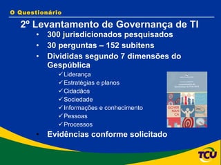 O Questionário 300 jurisdicionados pesquisados 30 perguntas – 152 subitens  Divididas segundo 7 dimensões do Gespública Liderança Estratégias e planos Cidadãos Sociedade Informações e conhecimento Pessoas  Processos Evidências conforme solicitado 2º Levantamento de Governança de TI 