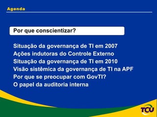 Agenda Por que conscientizar? Situação da governança de TI em 2007 Ações indutoras do Controle Externo Situação da governança de TI em 2010 Visão sistêmica da governança de TI na APF Por que se preocupar com GovTI? O papel da auditoria interna 