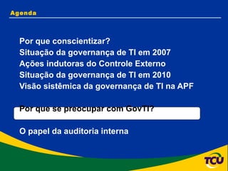 Agenda Por que conscientizar? Situação da governança de TI em 2007 Ações indutoras do Controle Externo Situação da governança de TI em 2010 Visão sistêmica da governança de TI na APF Por que se preocupar com GovTI? O papel da auditoria interna 