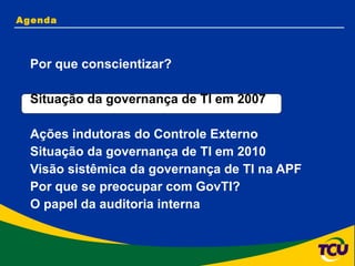 Agenda Por que conscientizar? Situação da governança de TI em 2007 Ações indutoras do Controle Externo Situação da governança de TI em 2010 Visão sistêmica da governança de TI na APF Por que se preocupar com GovTI? O papel da auditoria interna 