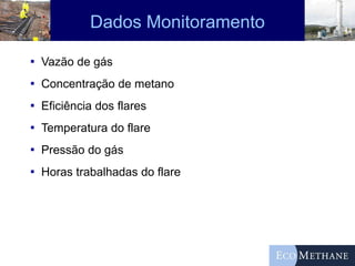 Dados Monitoramento Vazão de gás Concentração de metano Eficiência dos flares Temperatura do flare Pressão do gás Horas trabalhadas do flare 