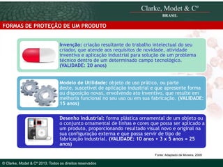 FORMAS DE PROTEÇÃO DE UM PRODUTO
Invenção: criação resultante do trabalho intelectual do seu
criador, que atende aos requisitos de novidade, atividade
inventiva e aplicação industrial para solução de um problema
técnico dentro de um determinado campo tecnológico.
(VALIDADE: 20 anos)
Modelo de Utilidade: objeto de uso prático, ou parte
deste, suscetível de aplicação industrial e que apresente forma
ou disposição novas, envolvendo ato inventivo, que resulte em
melhoria funcional no seu uso ou em sua fabricação. (VALIDADE:
15 anos)

© 2010 Clarke, Modet & Cº

Desenho industrial: forma plástica ornamental de um objeto ou
o conjunto ornamental de linhas e cores que possa ser aplicado a
um produto, proporcionando resultado visual novo e original na
sua configuração externa e que possa servir de tipo de
fabricação industrial. (VALIDADE: 10 anos + 3 x 5 anos = 25
anos)
Fonte: Adaptado de Moreira, 2009

© Clarke, Modet & Cº 2013. Todos os direitos reservados

 