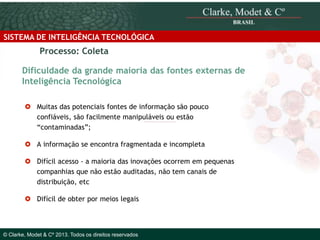 SISTEMA DE INTELIGÊNCIA TECNOLÓGICA

Processo: Coleta
Dificuldade da grande maioria das fontes externas de
Inteligência Tecnológica
 Muitas das potenciais fontes de informação são pouco
confiáveis, são facilmente manipuláveis ou estão
“contaminadas”;
 A informação se encontra fragmentada e incompleta
 Difícil acesso - a maioria das inovações ocorrem em pequenas
companhias que não estão auditadas, não tem canais de
distribuição, etc
 Difícil de obter por meios legais
© 2010 Clarke, Modet & Cº

© Clarke, Modet & Cº 2013. Todos os direitos reservados

 