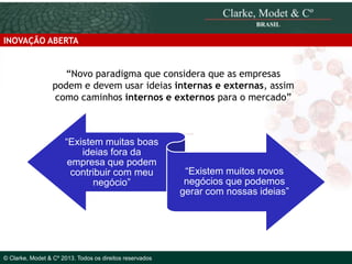 INOVAÇÃO ABERTA

“Novo paradigma que considera que as empresas
podem e devem usar ideias internas e externas, assim
como caminhos internos e externos para o mercado”

“Existem muitas boas
ideias fora da
empresa que podem
contribuir com meu
negócio”

© 2010 Clarke, Modet & Cº

© Clarke, Modet & Cº 2013. Todos os direitos reservados

“Existem muitos novos
negócios que podemos
gerar com nossas ideias”

 