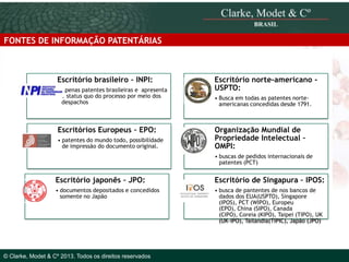 FONTES DE INFORMAÇÃO PATENTÁRIAS

Escritório brasileiro – INPI:
• Apenas patentes brasileiras e apresenta
o status quo do processo por meio dos
despachos

Escritórios Europeus – EPO:
• patentes do mundo todo, possibilidade
de impressão do documento original.

Escritório norte-americano USPTO:
• Busca em todas as patentes norteamericanas concedidas desde 1791.

Organização Mundial de
Propriedade Intelectual –
OMPI:
• buscas de pedidos internacionais de
patentes (PCT)

Escritório japonês – JPO:

Escritório de Singapura – IPOS:

• documentos depositados e concedidos
somente no Japão

• busca de pantentes de nos bancos de
dados dos EUA(USPTO), Singapore
(IPOS), PCT (WIPO), Europeu
(EPO), China (SIPO), Canada
(CIPO), Coreia (KIPO), Taipei (TIPO), UK
(UK-IPO), Tailandia(TIPIC), Japão (JPO)

© 2010 Clarke, Modet & Cº

© Clarke, Modet & Cº 2013. Todos os direitos reservados

 