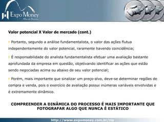Valor potencial X Valor de mercado (cont.)

 Portanto, segundo a análise fundamentalista, o valor das ações flutua
independentemente do valor potencial, raramente havendo coincidência;

 É responsabilidade do analista fundamentalista efetuar uma avaliação bastante
aprofundada da empresa em questão, objetivando identificar as ações que estão
sendo negociadas acima ou abaixo de seu valor potencial;

 Porém, mais importante que sinalizar um preço-alvo, deve-se determinar regiões de
compra e venda, pois o exercício de avaliação possui inúmeras variáveis envolvidas e
é extremamente dinâmico.


 COMPREENDER A DINÂMICA DO PROCESSO É MAIS IMPORTANTE QUE
          FOTOGRAFAR ALGO QUE NUNCA É ESTÁTICO
 