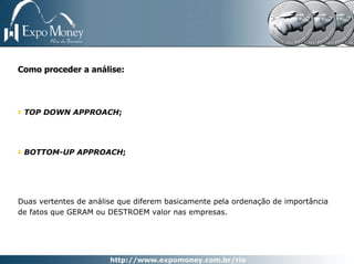 Como proceder a análise:




 TOP DOWN APPROACH;




 BOTTOM-UP APPROACH;




Duas vertentes de análise que diferem basicamente pela ordenação de importância
de fatos que GERAM ou DESTROEM valor nas empresas.
 