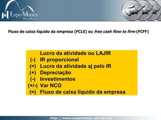 Fluxo de caixa líquido da empresa (FCLE) ou free cash flow to firm (FCFF)




                  Lucro da atividade ou LAJIR
           (-)    IR proporcional
           (=)    Lucro da atividade aj pelo IR
           (+)    Depreciação
           (-)    Investimentos
          (+/-)   Var NCG
           (=)    Fluxo de caixa líquido da empresa
 