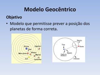 Modelo Geocêntrico
Objetivo
• Modelo que permitisse prever a posição dos
  planetas de forma correta.
 