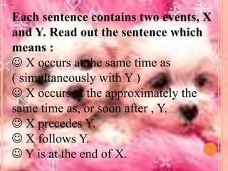 Each sentence contains two events, X
and Y. Read out the sentence which
means :
 X occurs at the same time as
( simultaneously with Y )
 X occurs at the approximately the
same time as, or soon after , Y.
 X precedes Y.
 X follows Y.
 Y is at the end of X.

 