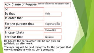 Adv. Clause of Purpose ขยายกริยาเพื่อแสดงจุดมั่งหมายของการกระทา
เพื่อว่า
So
So that
เพื่อจุดประสงค์ที่ว่า
In order that
For the purpose that
For fear that
In case (that)
lest
เพื่อว่าจะได้ไม่
ด้วยเกรงว่า
He bought the car in order that he can pick his
girlfriend up after work.
The meeting will be held tomorrow for the purpose that
we will negotiate with Mr. Jim’s company.
 