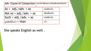 Adv. Clause of Comparison ขยายกริยาเพื่อแสดงการเปรียบเทียบกับประโยคหลัก
เช่นเดียวกับAs + adj./adv. + as
Not so + adj./adv. + as
Such + adj./adv. + as
คุณศัพท์ขั้นกว่า + than
She speaks English as well .
ไม่เหมือนกับ
เช่นเดียวกับ
กว่า
 