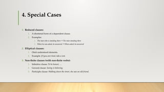4. Special Cases
1. Reduced clauses:
1. A shortened form of a dependent clause.
2. Examples:
1. The man who is standing there → The man standing there
2. When he was asked, he answered → When asked, he answered
2. Elliptical clauses:
1. Omit understood elements.
2. Example: If (you are) tired, take a rest.
3. Non-finite clauses (with non-finite verbs):
1. Infinitive clause: To be honest, …
2. Gerund clause: Seeing is believing.
3. Participle clause: Walking down the street, she saw an old friend.
 