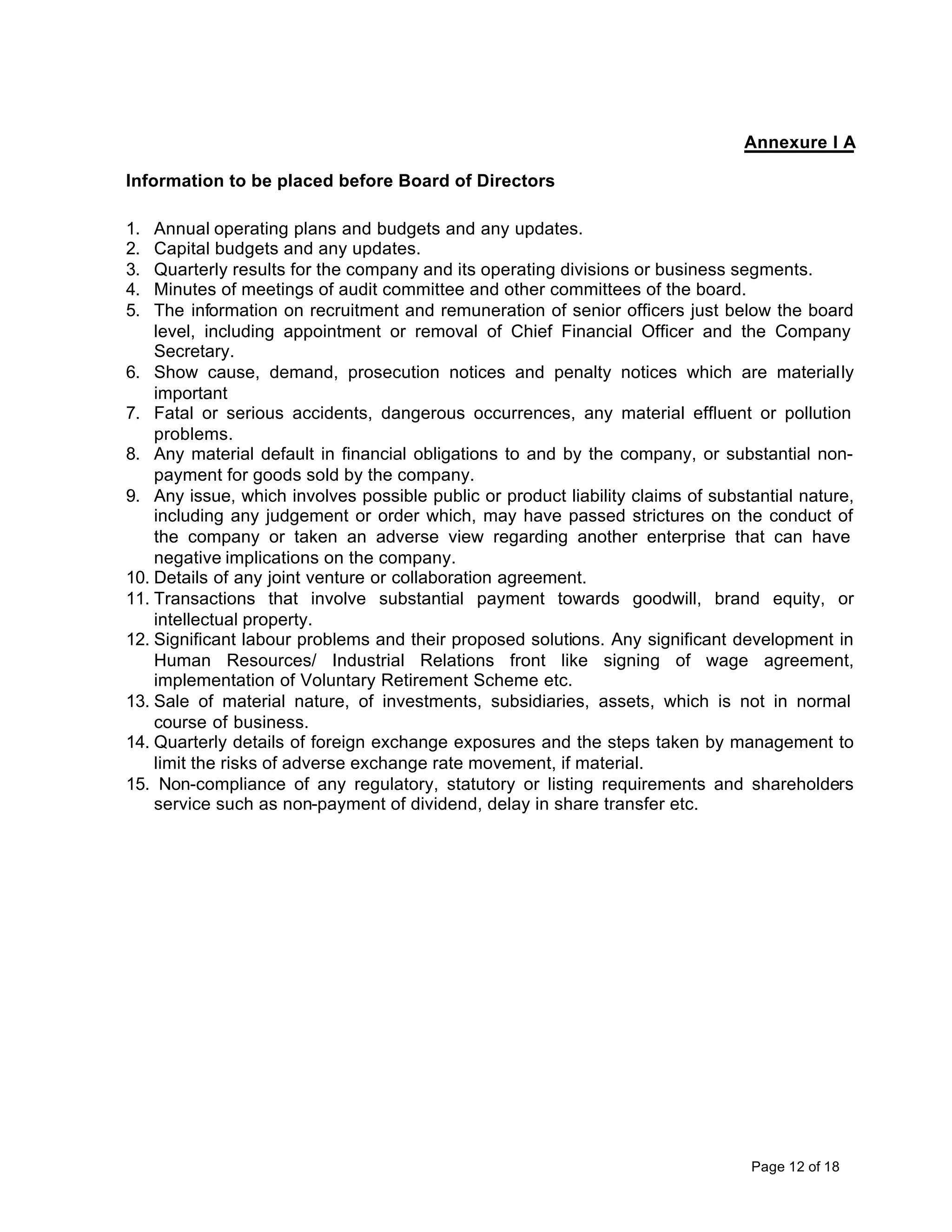 Annexure I A

Information to be placed before Board of Directors

1.  Annual operating plans and budgets and any updates.
2.  Capital budgets and any updates.
3.  Quarterly results for the company and its operating divisions or business segments.
4.  Minutes of meetings of audit committee and other committees of the board.
5.  The information on recruitment and remuneration of senior officers just below the board
    level, including appointment or removal of Chief Financial Officer and the Company
    Secretary.
6. Show cause, demand, prosecution notices and penalty notices which are materially
    important
7. Fatal or serious accidents, dangerous occurrences, any material effluent or pollution
    problems.
8. Any material default in financial obligations to and by the company, or substantial non-
    payment for goods sold by the company.
9. Any issue, which involves possible public or product liability claims of substantial nature,
    including any judgement or order which, may have passed strictures on the conduct of
    the company or taken an adverse view regarding another enterprise that can have
    negative implications on the company.
10. Details of any joint venture or collaboration agreement.
11. Transactions that involve substantial payment towards goodwill, brand equity, or
    intellectual property.
12. Significant labour problems and their proposed solutions. Any significant development in
    Human Resources/ Industrial Relations front like signing of wage agreement,
    implementation of Voluntary Retirement Scheme etc.
13. Sale of material nature, of investments, subsidiaries, assets, which is not in normal
    course of business.
14. Quarterly details of foreign exchange exposures and the steps taken by management to
    limit the risks of adverse exchange rate movement, if material.
15. Non-compliance of any regulatory, statutory or listing requirements and shareholders
    service such as non-payment of dividend, delay in share transfer etc.




                                                                                 Page 12 of 18
 