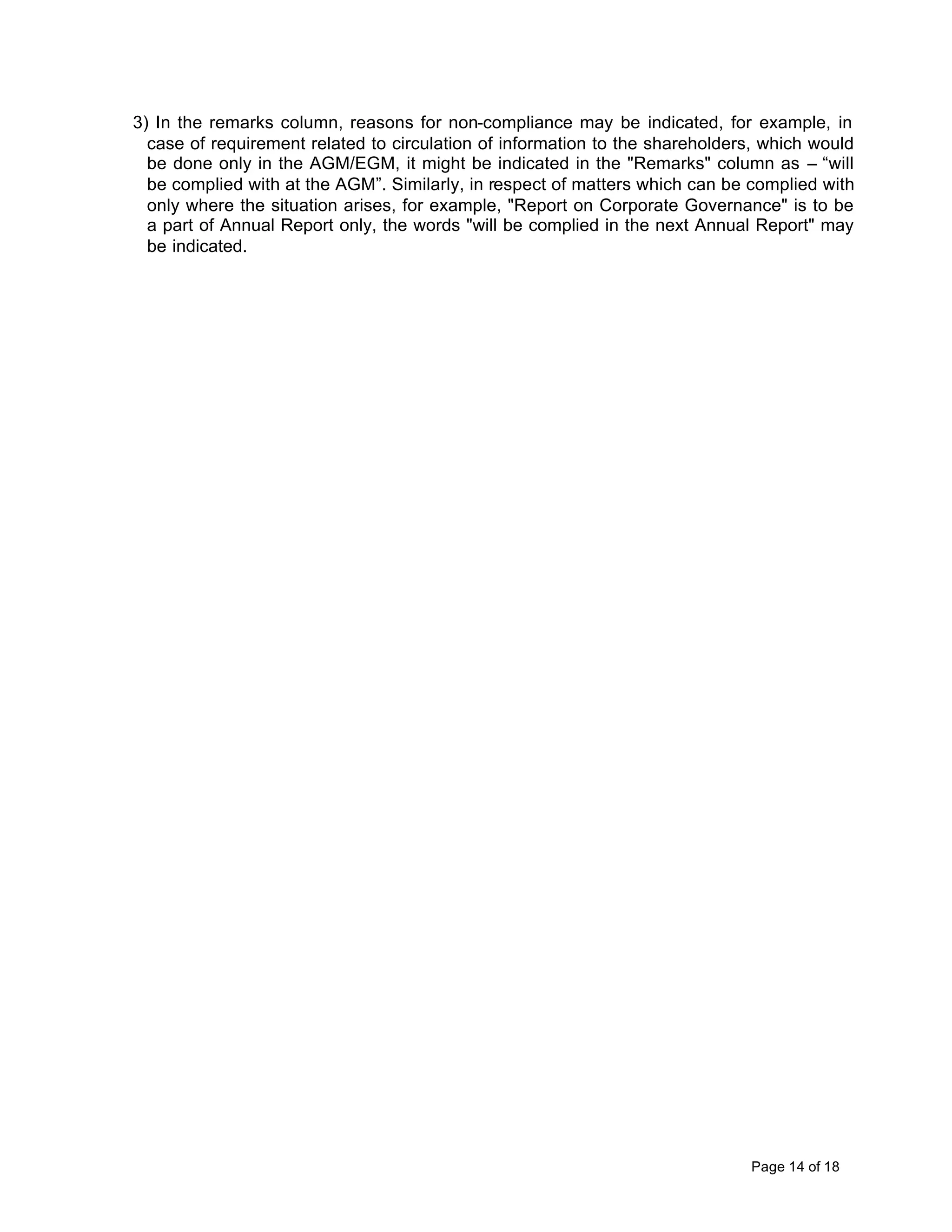 3) In the remarks column, reasons for non-compliance may be indicated, for example, in
  case of requirement related to circulation of information to the shareholders, which would
  be done only in the AGM/EGM, it might be indicated in the "Remarks" column as – “will
  be complied with at the AGM”. Similarly, in respect of matters which can be complied with
  only where the situation arises, for example, "Report on Corporate Governance" is to be
  a part of Annual Report only, the words "will be complied in the next Annual Report" may
  be indicated.




                                                                              Page 14 of 18
 