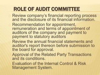 ROLE OF AUDIT COMMITTEE
Review company’s financial reporting process
and the disclosure of its financial information.
Recommendation for appointment,
remuneration and terms of appointment of
auditors of the company and payment to
payment to statutory auditors
Review the annual financial statements and
auditor's report thereon before submission to
the board for approval.
Approval of the Related Party Transactions
and its conditions.
Evaluation of the Internal Control & Risk
Management System.
 