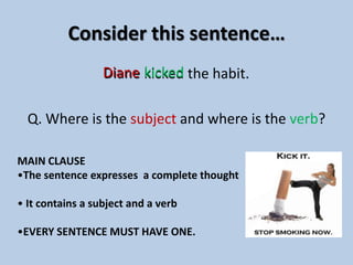 Consider this sentence…Diane kickedDiane kicked the habit.Q. Where is the subject and where is the verb?MAIN CLAUSE   The sentence expresses  a complete thought