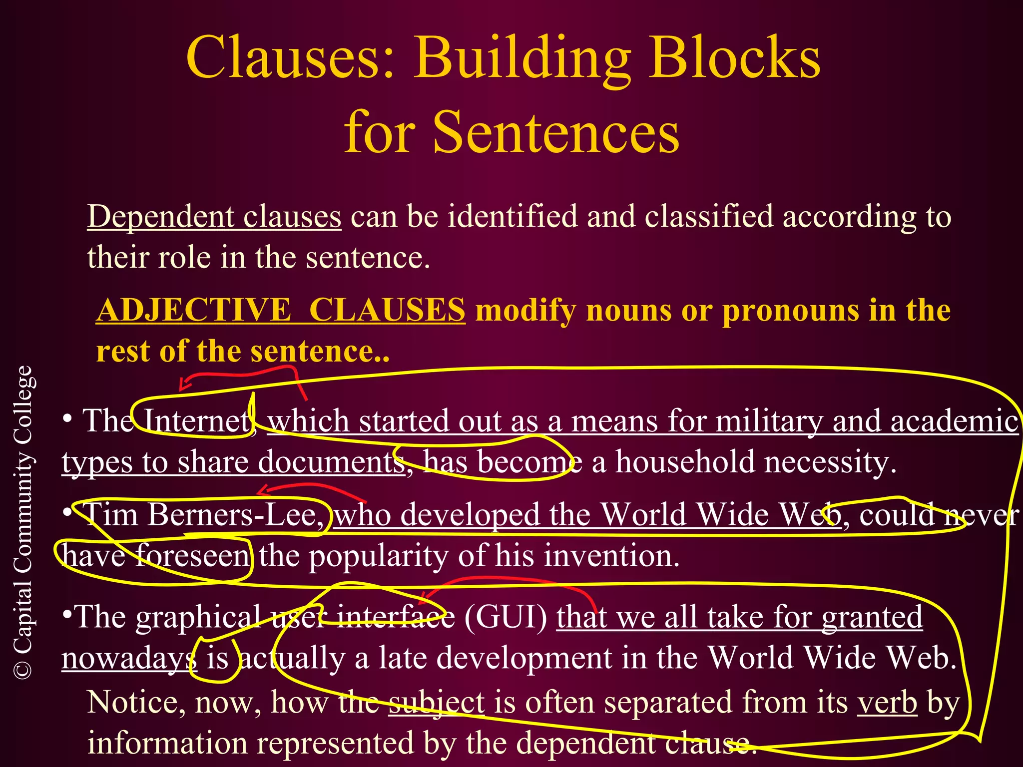Clauses: Building Blocks  for Sentences Dependent clauses  can be identified and classified according to their role in the sentence. ADJECTIVE  CLAUSES  modify nouns or pronouns in the rest of the sentence.. The Internet,  which started out as a means for military and academic types to share documents , has become a household necessity. Tim Berners-Lee,  who developed the World Wide Web , could never have foreseen the popularity of his invention. The graphical user interface (GUI)  that we all take for granted nowadays  is actually a late development in the World Wide Web. Notice, now, how the  subject  is often separated from its  verb  by information represented by the dependent clause. 
