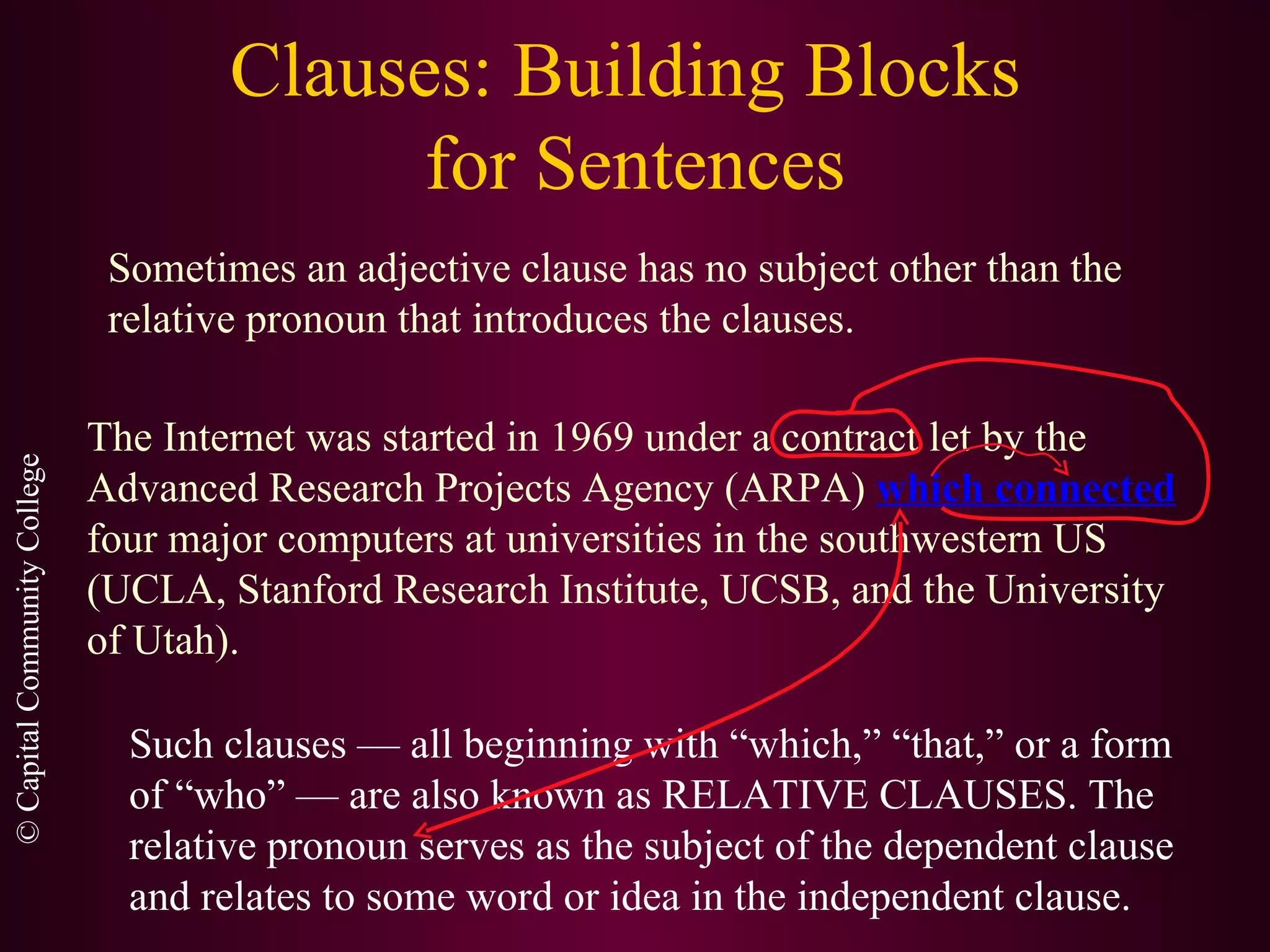 Clauses: Building Blocks  for Sentences Sometimes an adjective clause has no subject other than the relative pronoun that introduces the clauses. The Internet was started in 1969 under a contract let by the Advanced Research Projects Agency (ARPA)  which connected  four major computers at universities in the southwestern US (UCLA, Stanford Research Institute, UCSB, and the University of Utah). Such clauses — all beginning with “which,” “that,” or a form of “who” — are also known as RELATIVE CLAUSES. The relative pronoun serves as the subject of the dependent clause and relates to some word or idea in the independent clause. 