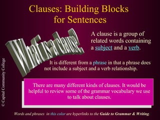 Clauses: Building Blocks  for Sentences What is a clause? A clause is a group of related words containing a  subject  and a  verb . It is different from a  phrase  in that a phrase does not include a subject and a verb relationship. There are many different kinds of clauses. It would be helpful to review some of the grammar vocabulary we use to talk about clauses. Words and phrases  in  this color  are hyperlinks to the  Guide to Grammar & Writing . 