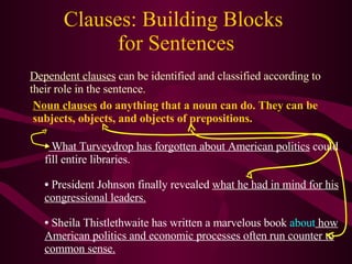Clauses: Building Blocks  for Sentences Dependent clauses  can be identified and classified according to their role in the sentence. Noun clauses  do anything that a noun can do. They can be subjects, objects, and objects of prepositions. What Turveydrop has forgotten about American politics  could fill entire libraries. President Johnson finally revealed  what he had in mind for his congressional leaders. Sheila Thistlethwaite has written a marvelous book  about  how American politics and economic processes often run counter to common sense. 
