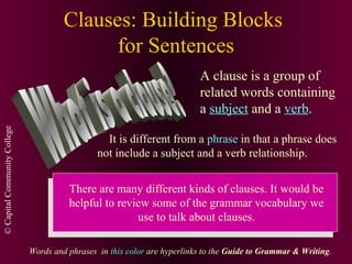 Clauses: Building Blocks
for Sentences

© Capital Community College

A clause is a group of
related words containing
a subject and a verb.
It is different from a phrase in that a phrase does
not include a subject and a verb relationship.
There are many different kinds of clauses. It would be
helpful to review some of the grammar vocabulary we
use to talk about clauses.
Words and phrases in this color are hyperlinks to the Guide to Grammar & Writing.

 