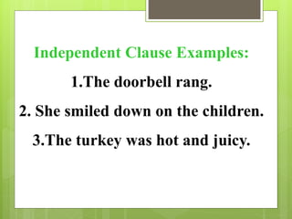 Independent Clause Examples: 
1.The doorbell rang. 
2. She smiled down on the children. 
3.The turkey was hot and juicy. 
 