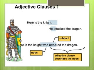 Adjective Clauses 1 
Here is the knight. 
He attacked the dragon. 
Here is the knight who attacked the dragon. 
noun 
subject 
adjective clause 
describes the noun 
 