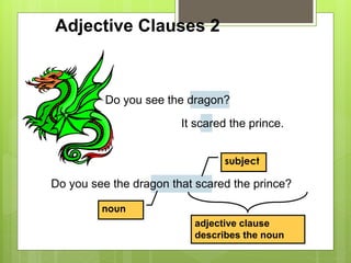 Adjective Clauses 2 
Do you see the dragon? 
It scared the prince. 
subject 
Do you see the dragon that scared the prince? 
noun 
adjective clause 
describes the noun 
 
